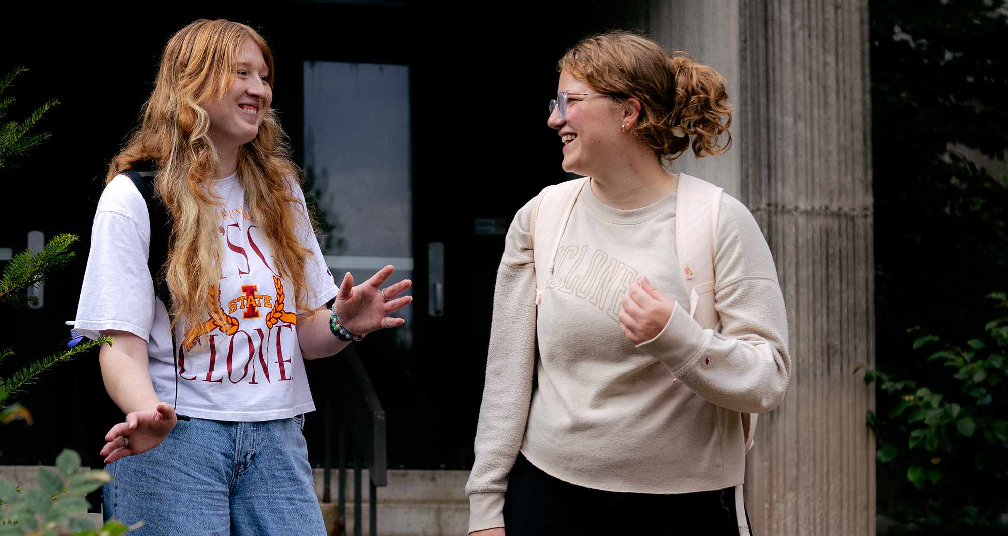 Two English students outside Ross Hall