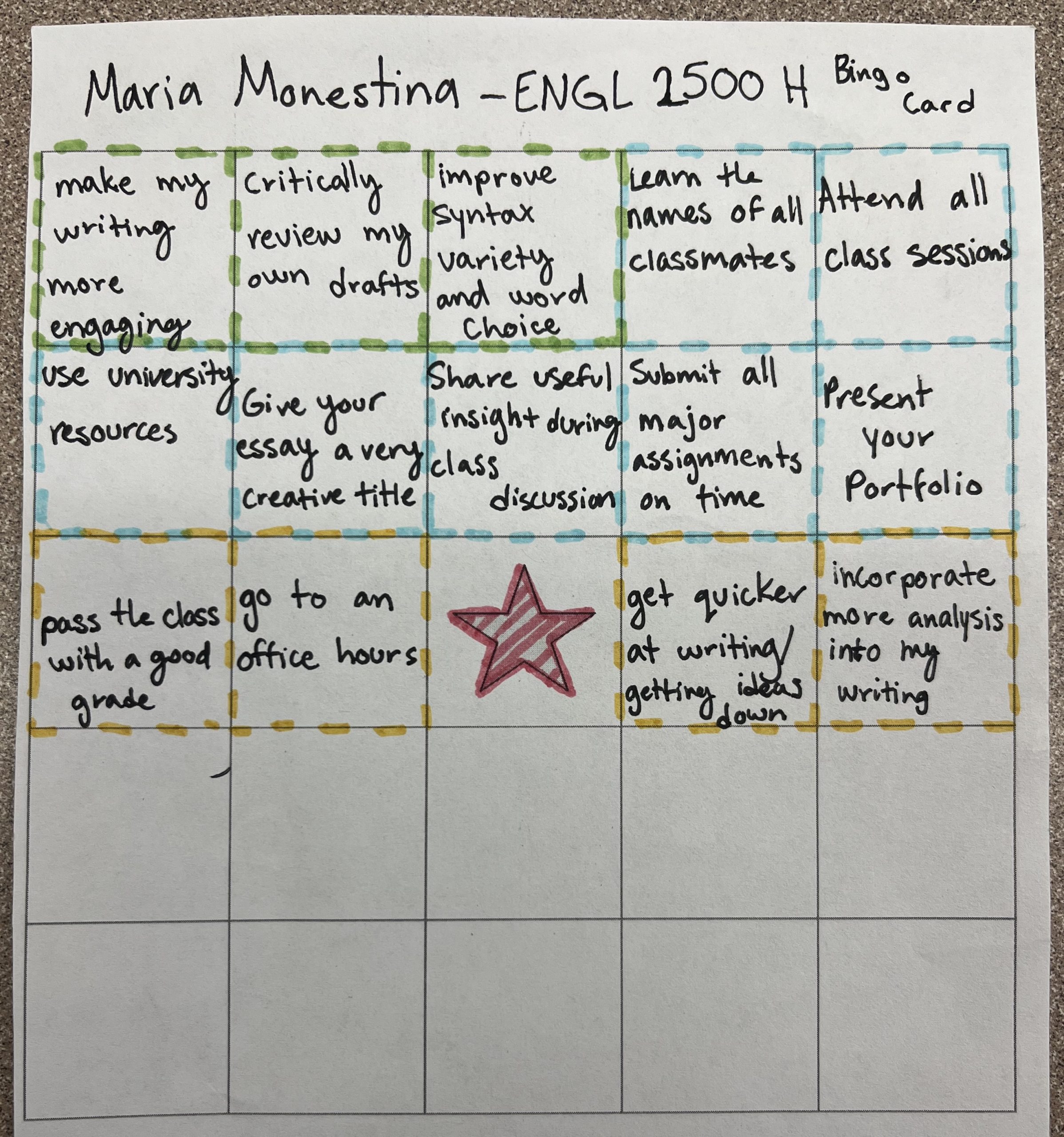 Example of an activity bingo card